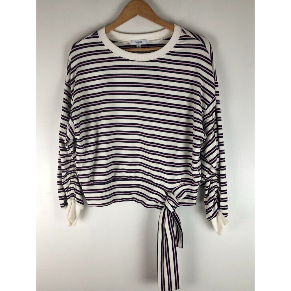 Kensie White Black & Pink Striped Long Sleeve Pullover Top Jumper Tie Front M